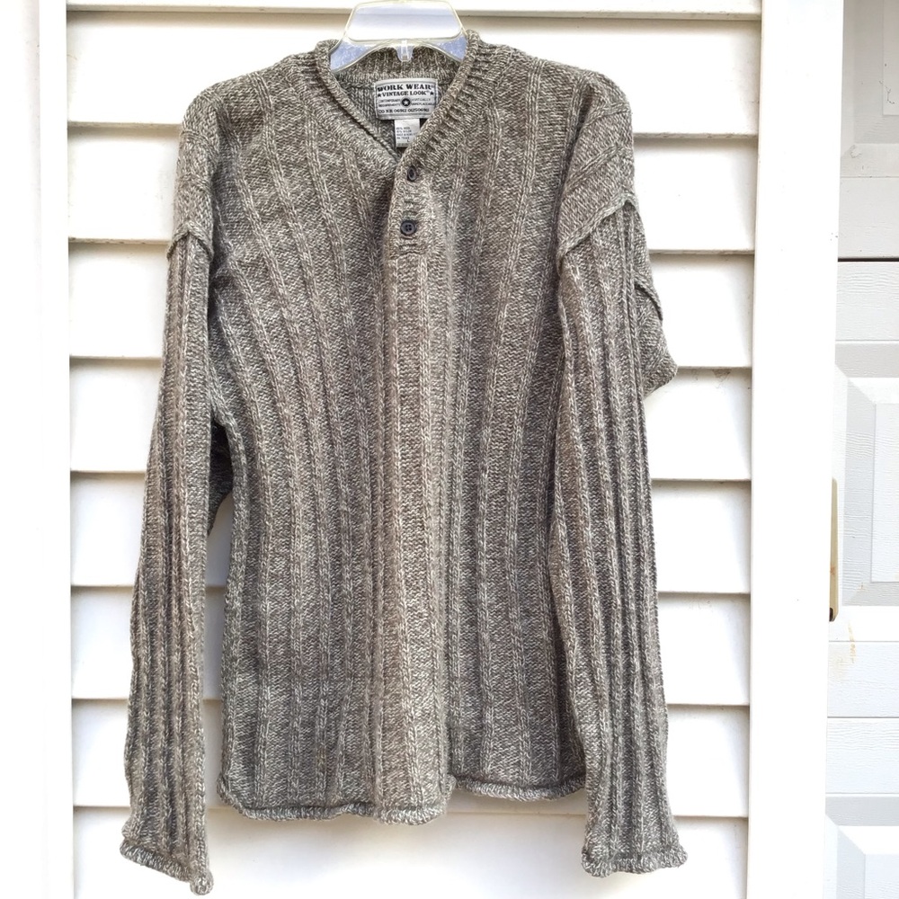 Work Wear Vintage Look Sweater Mens L Wool Ribbed Knit Rolled Marled Gray 90s
